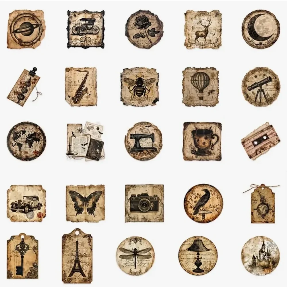 50 Old World Vintage Stickers Sepia Shades Insects Nature Cars Instruments - Picture 4 of 8